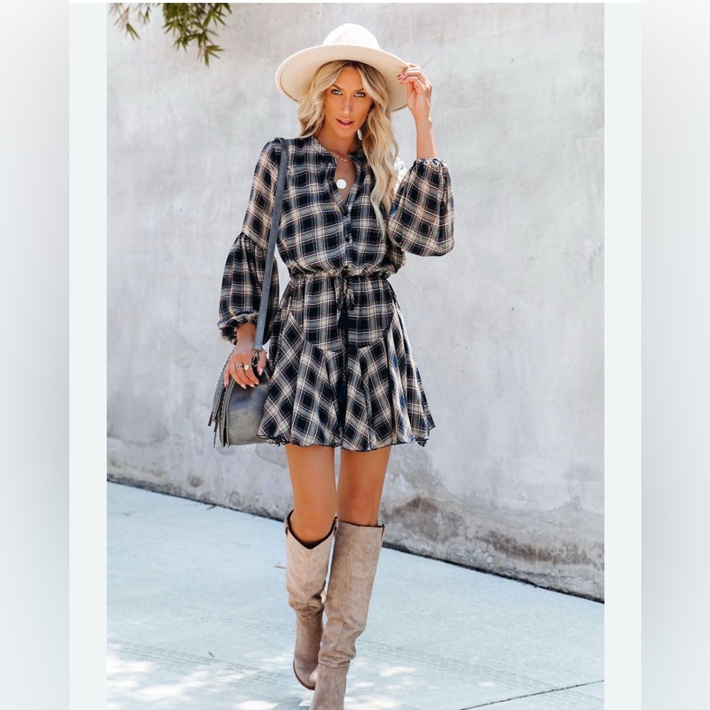 Vici Blue and Tan Plaid Dress